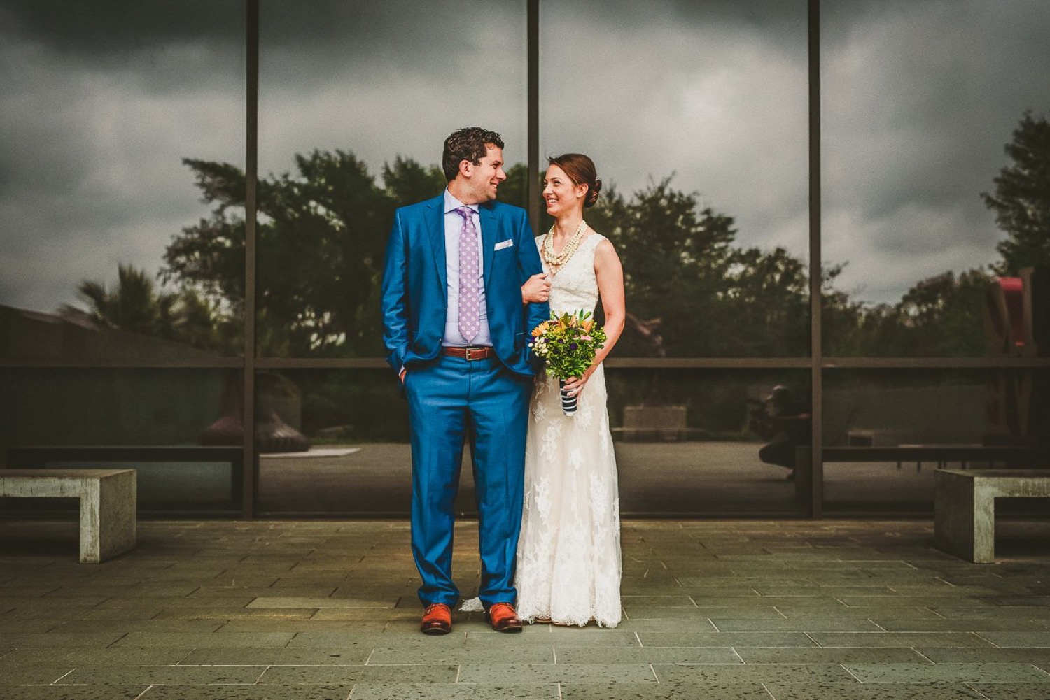 Laura and John during their intimate wedding at the Spanish Governor’s Palace with portraits at the McNay Art Museum, captured by San Antonio wedding photographer Christian Margain